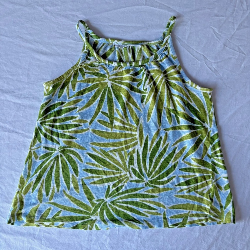 Sigrid Olsen Womens Green Sleeveless 100% Linen Palm Leaf Boho Tank Top Size M